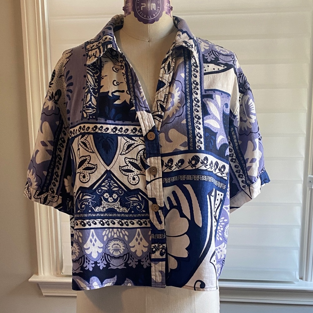 Navy and Cream Patterned Short Sleeve Shirt